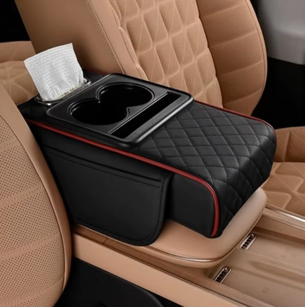 Premium Car Armrest Storage Box with Dual Cup Holders – PU Leather Center Console Organizer & Armrest Cushion