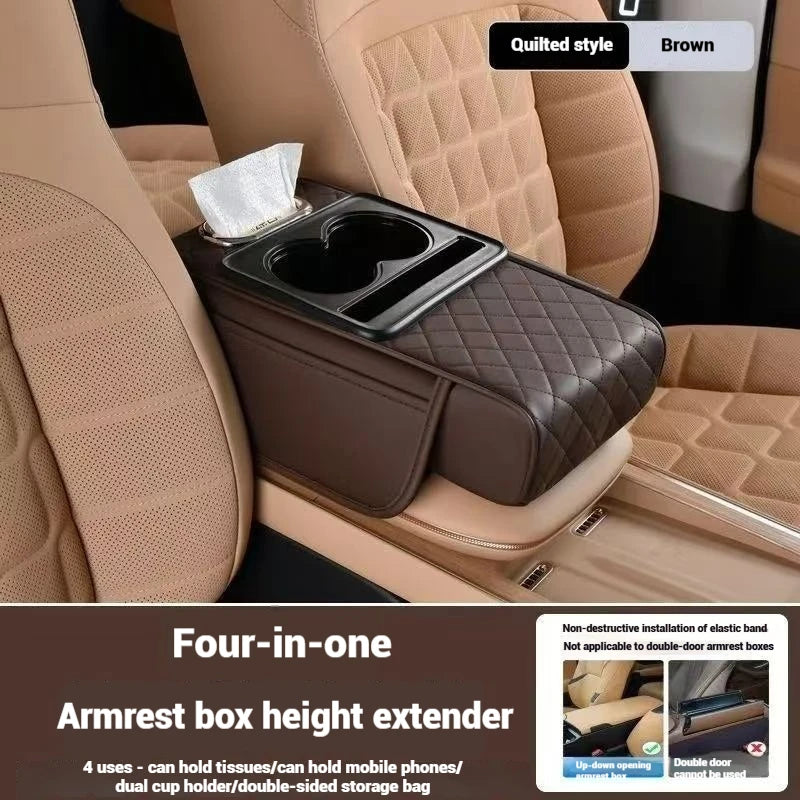 Premium Car Armrest Storage Box with Dual Cup Holders – PU Leather Center Console Organizer & Armrest Cushion