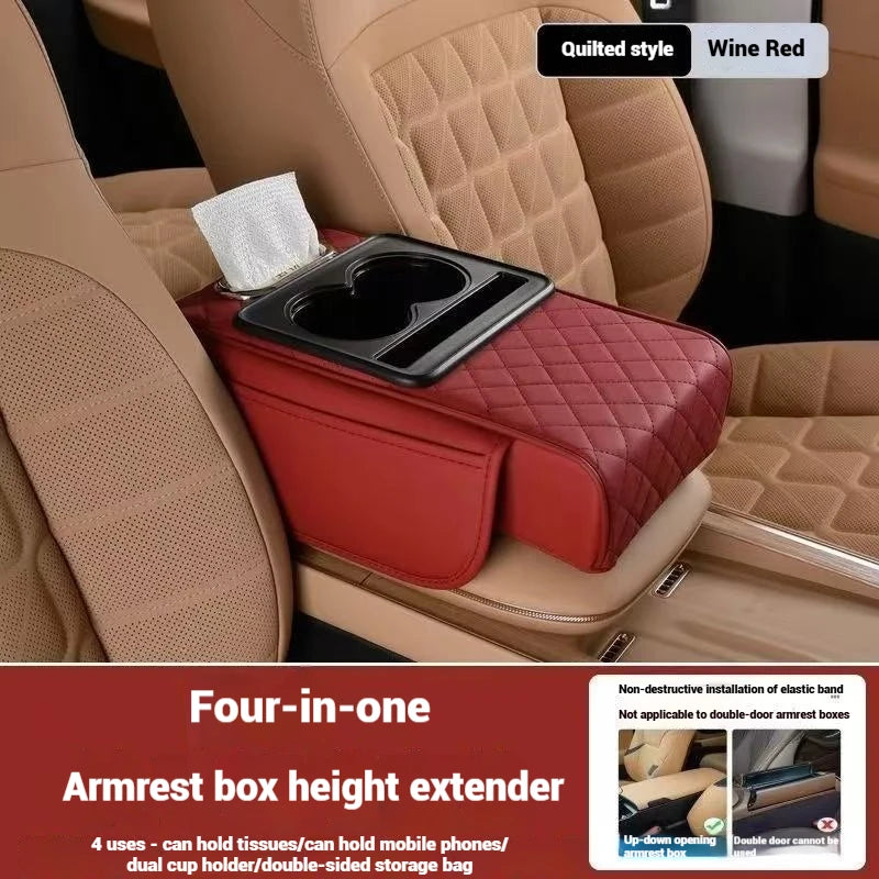 Premium Car Armrest Storage Box with Dual Cup Holders – PU Leather Center Console Organizer & Armrest Cushion