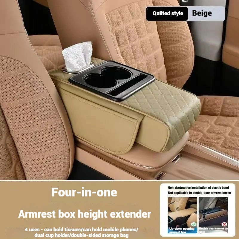 Premium Car Armrest Storage Box with Dual Cup Holders – PU Leather Center Console Organizer & Armrest Cushion